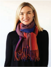 Load image into Gallery viewer, BIG CHECK SCARF WITH TASSELS - Pumkin, blue and blue
