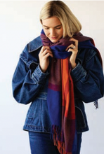 Load image into Gallery viewer, BIG CHECK SCARF WITH TASSELS - Pumkin, blue and blue
