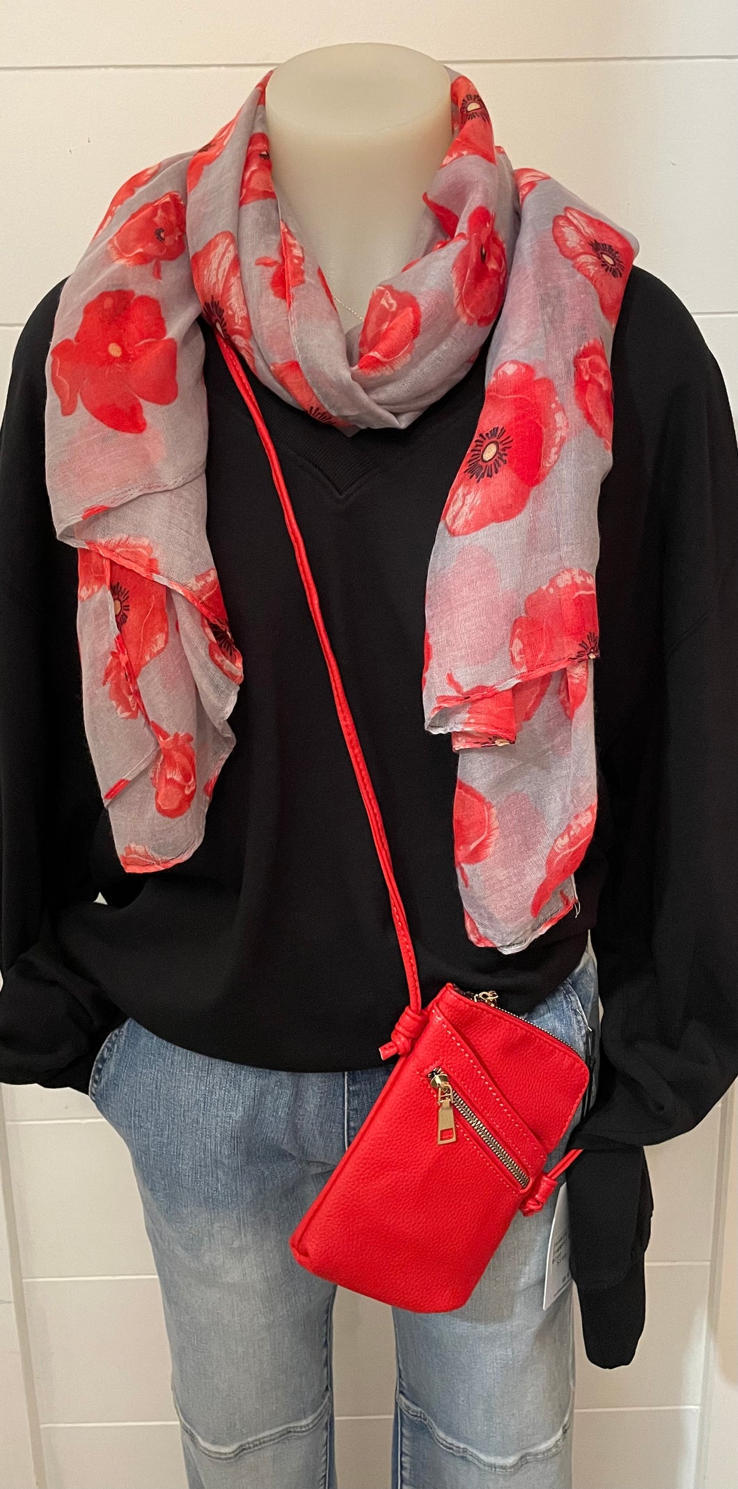 POPPY SCARF - GREY AND RED