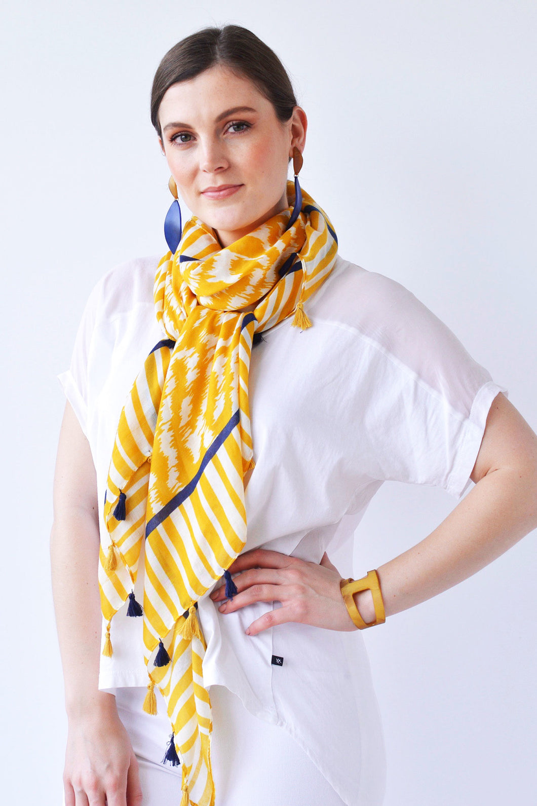 TASSELLED SWIRL PRINT SCARF - MUSTARD/NAVY/CREAM