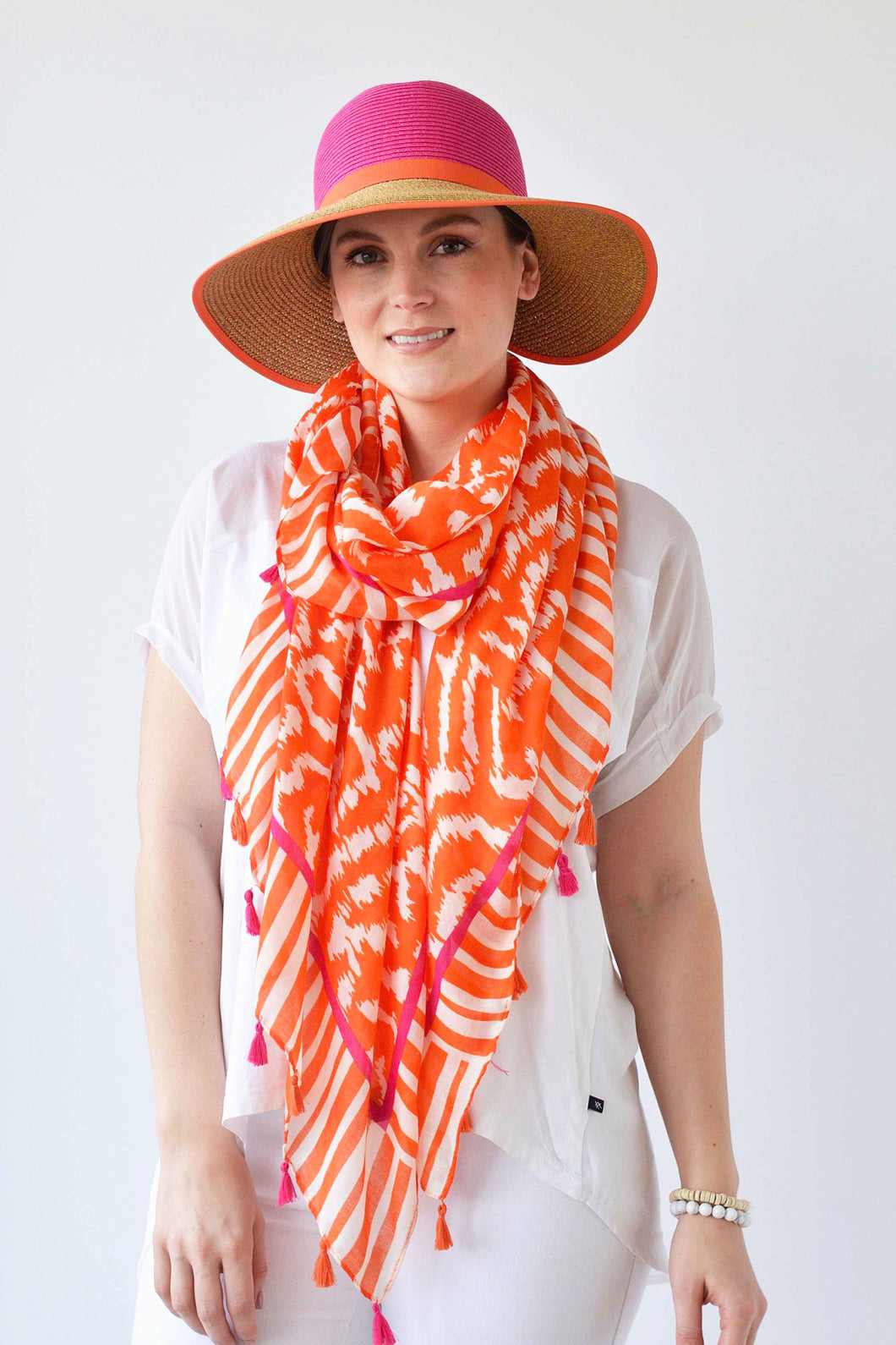 TASSELLED SWIRL PRINT SCARF - ORANGE/PINK/CREAM