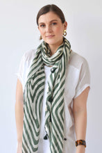 Load image into Gallery viewer, TASSELLED MAZE PRINT SCARF - GREEN/CREAM
