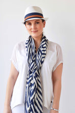 Load image into Gallery viewer, TASSELLED MAZE PRINT SCARF - NAVY/WHITE
