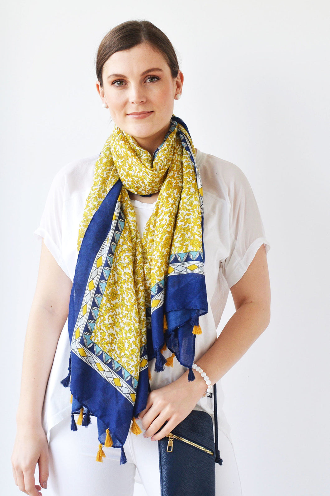 TASSELLED FLORAL WITH GEOMETRIC BORDER SCARF - MUSTARD/NAVY