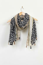 Load image into Gallery viewer, TASSELLED LEAF PRINT WITH BORDER SCARF - BLACK/CREAM/TAUPE
