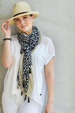 Load image into Gallery viewer, TASSELLED LEAF PRINT WITH BORDER SCARF - BLACK/CREAM/TAUPE
