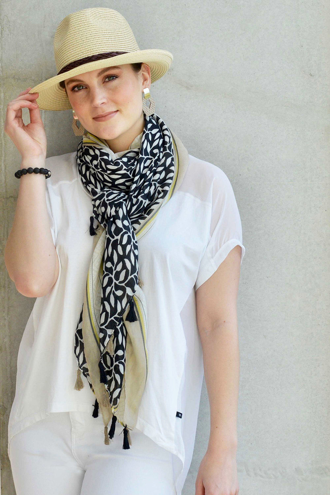 TASSELLED LEAF PRINT WITH BORDER SCARF - BLACK/CREAM/TAUPE