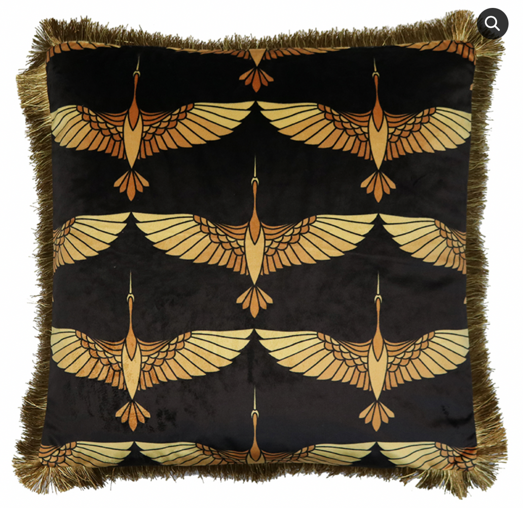 VELVET BIRDS CUSHION - BLACK & GOLD